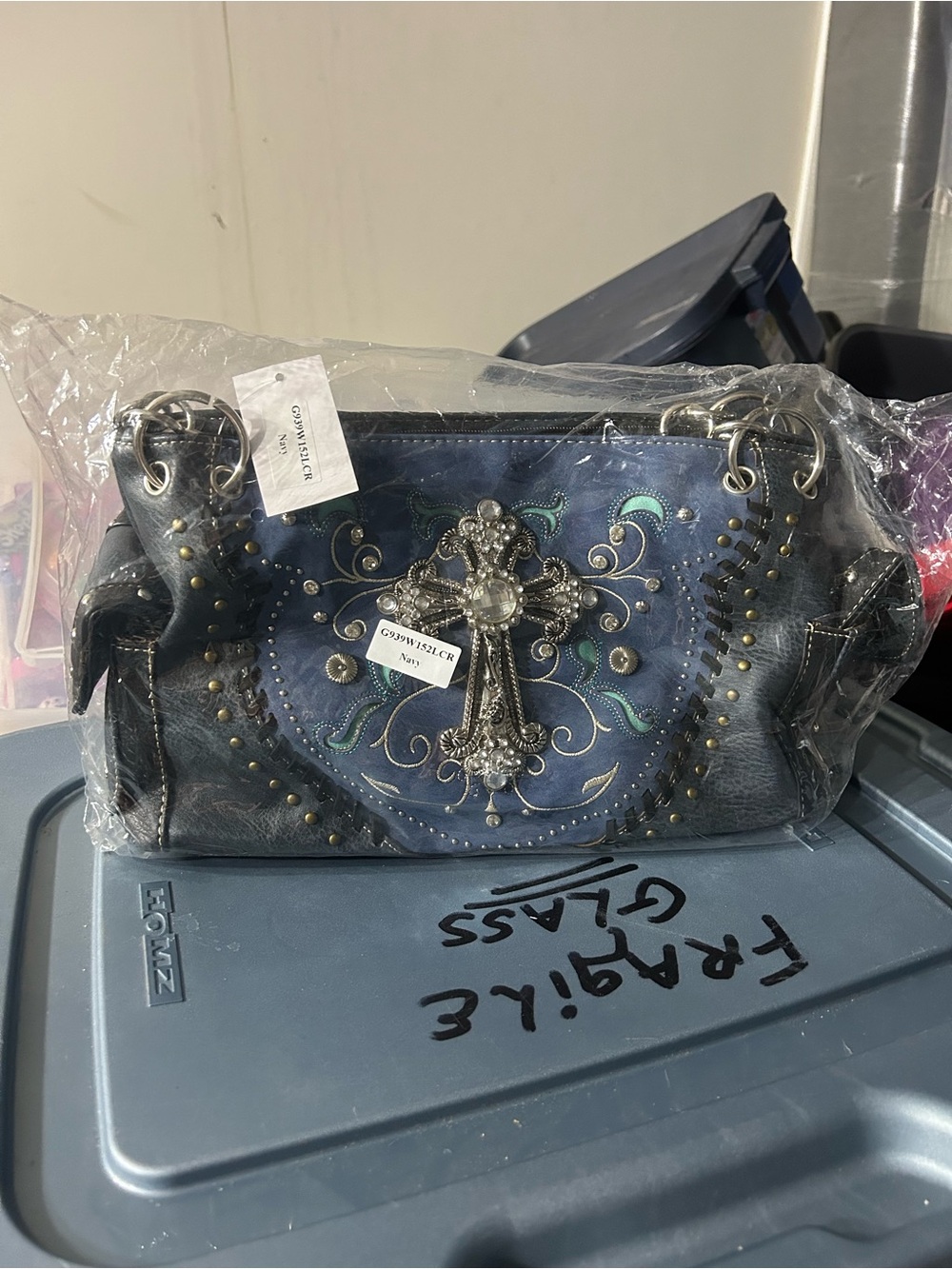 Blue Embroidered Cross Accent Shoulder Bag